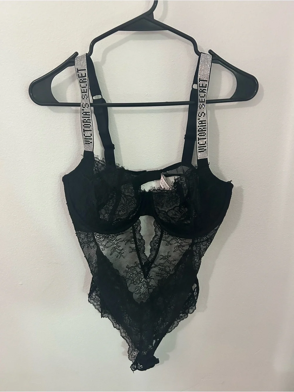 Victoria's Secret Black Lace Bodysuit with Embellished Straps